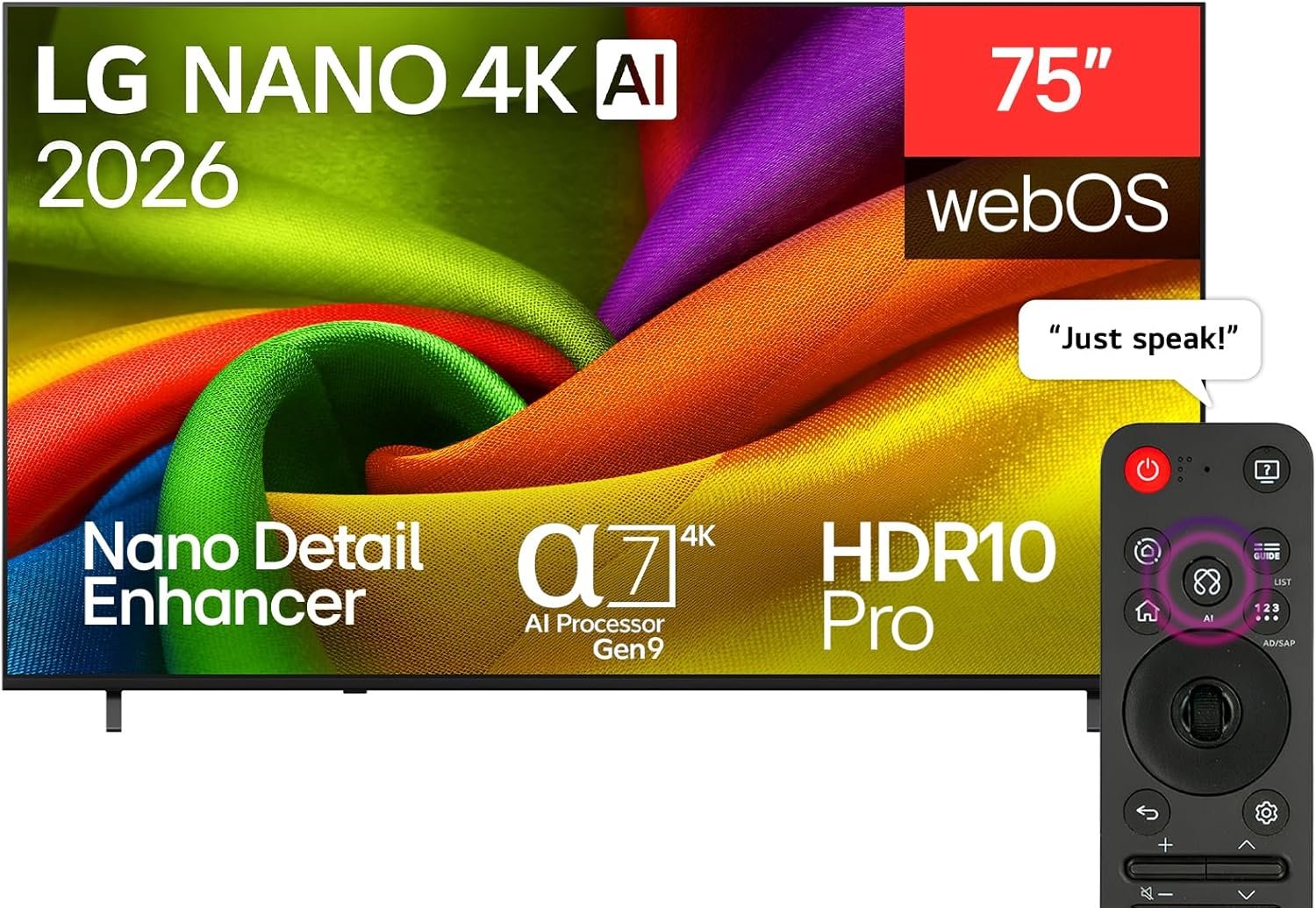 تلفزيون نانو ذكي NU84 بدقة 4K UHD مقاس 75 بوصة بتقنية الذكاء الاصطناعي مع جهاز تحكم عن بعد سحري من ال جي، نظام تشغيل ويب او اس 26 إصدار 2026